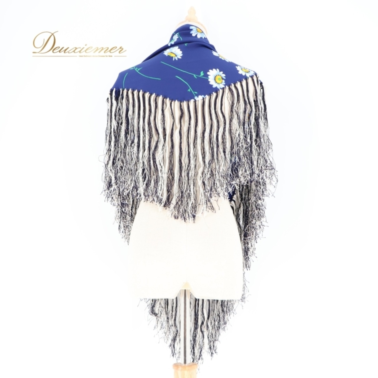 フラメンコ 衣装 シージョ ピキージョ 紺 青 フレコ 花柄 トライアル 三角形 フリンジ スペイン製 ネイビー系 ホワイト系 ダンス おしゃれ スカーフ かわいい プリント レディース コスチューム スタイル フリンジ付き 飾り付け フラメンコダンス レトロ