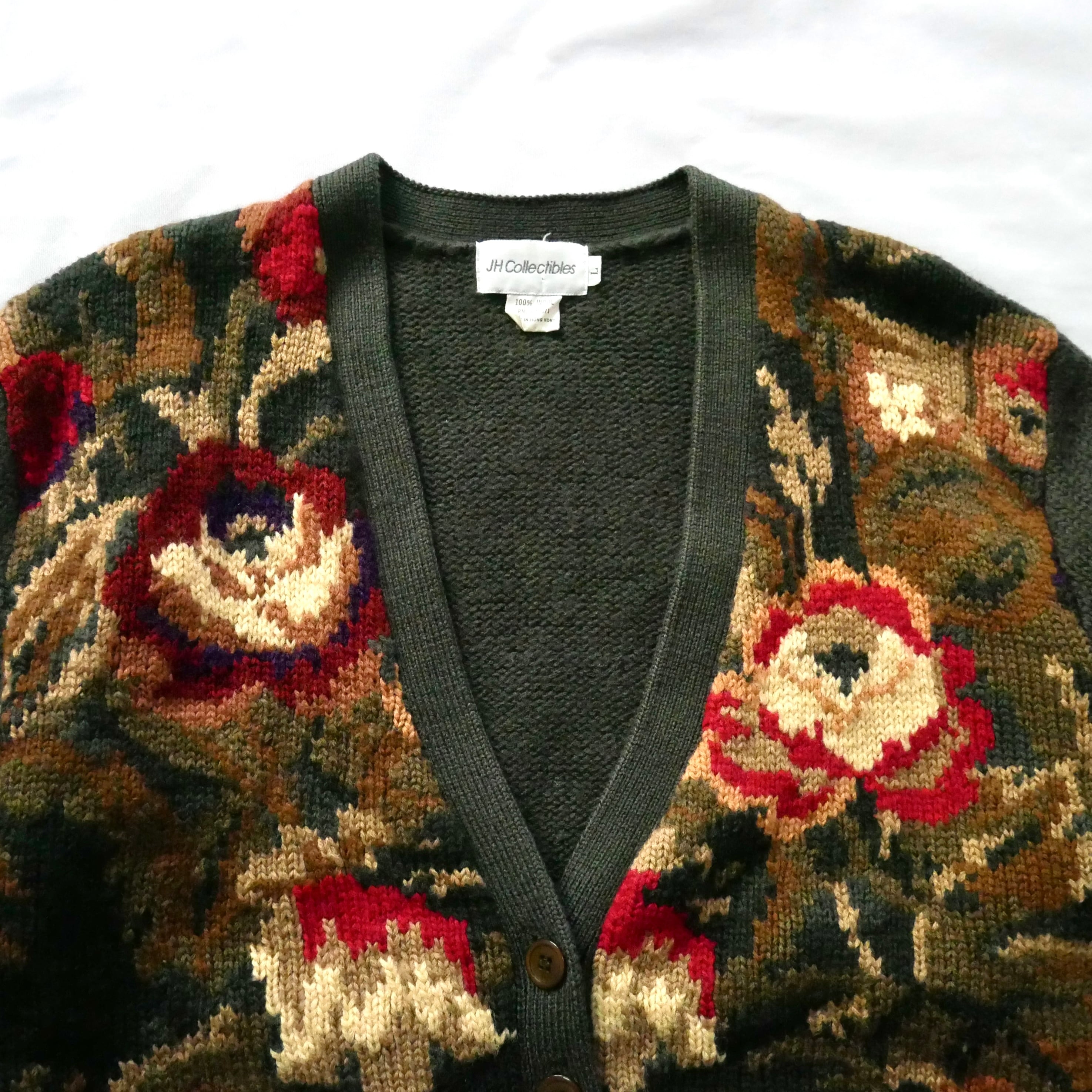 80s 90s ヴィンテージ vintage ハンドニット カーディガン 一点物 80s vintage darkgreen floral jacquard knit cardigan 80年代