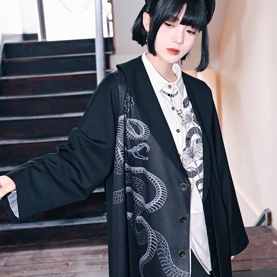 サブカル系 古怪舎 中華風 レイヤードシャツ シフォン ランタンスリーブ プリント柄 |天使と悪魔