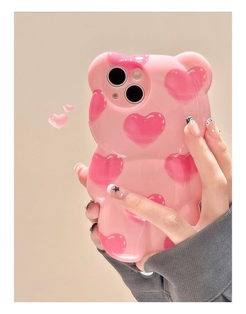 iPhone15 Pro Maxケース 立体クマ ピンク iPhone15 Proケース ハート柄 かわいい iPhone15保護ケース おもしろ iPhone14ケース 熊模様 お洒落 耐衝撃 iPhone13 12ケース 個性的 映える◎