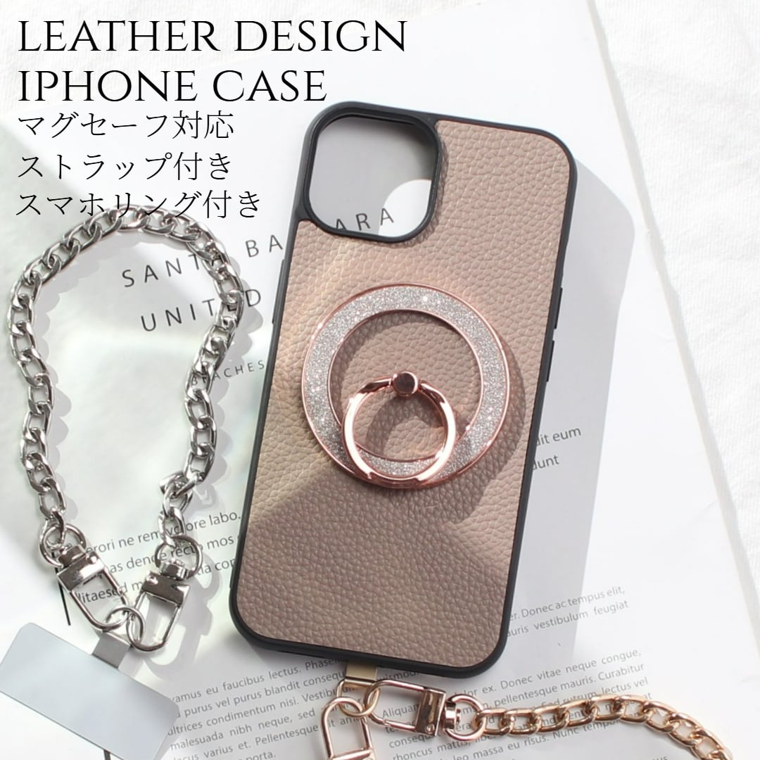 iphone ケース リング付き iphone16 iphone15 iphone14 iphone13 iphone12 pro SE レザー ショート チェーン ストラップ magsafe マグセーフ 16e 16pro 15pro 13mini スマホ リング アイフォン 16 15 14 13 12 se3 se2 ショートストラップ 大人可愛い レディース 送料無料