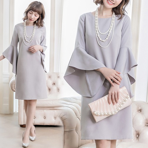 サックワンピース ひざ丈 ホーンスリーブ フレア袖 ラウンドネック スリット シンプル 上品 フォーマル 大人め お呼ばれ オールシーズン レディース　BADA0040