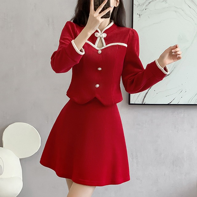 【森森家シリーズ】セットアップ チャイナ風 OL/通勤 アウター+スカート 大きいサイズ ブラック レッド S M L XL 2XL