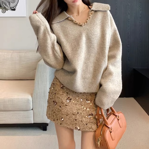 【2点セット】3色／スキッパーカラーニットトップス＋スパンコールデコミニスカート ・74697