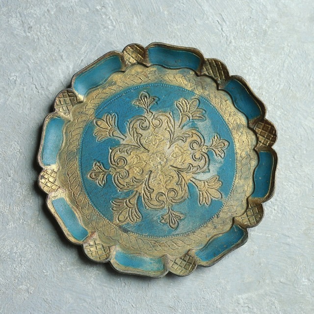 イタリア製 フローレンタイン 木製トレイ｜時を経た青と金が美しいヴィンテージ小物入れ