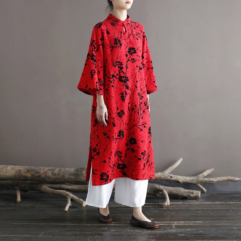宋姿シリーズ チャイナ風ワンピース 花柄ワンピース 春服 秋服 レッド 赤い 九分袖 コットン Elegant
