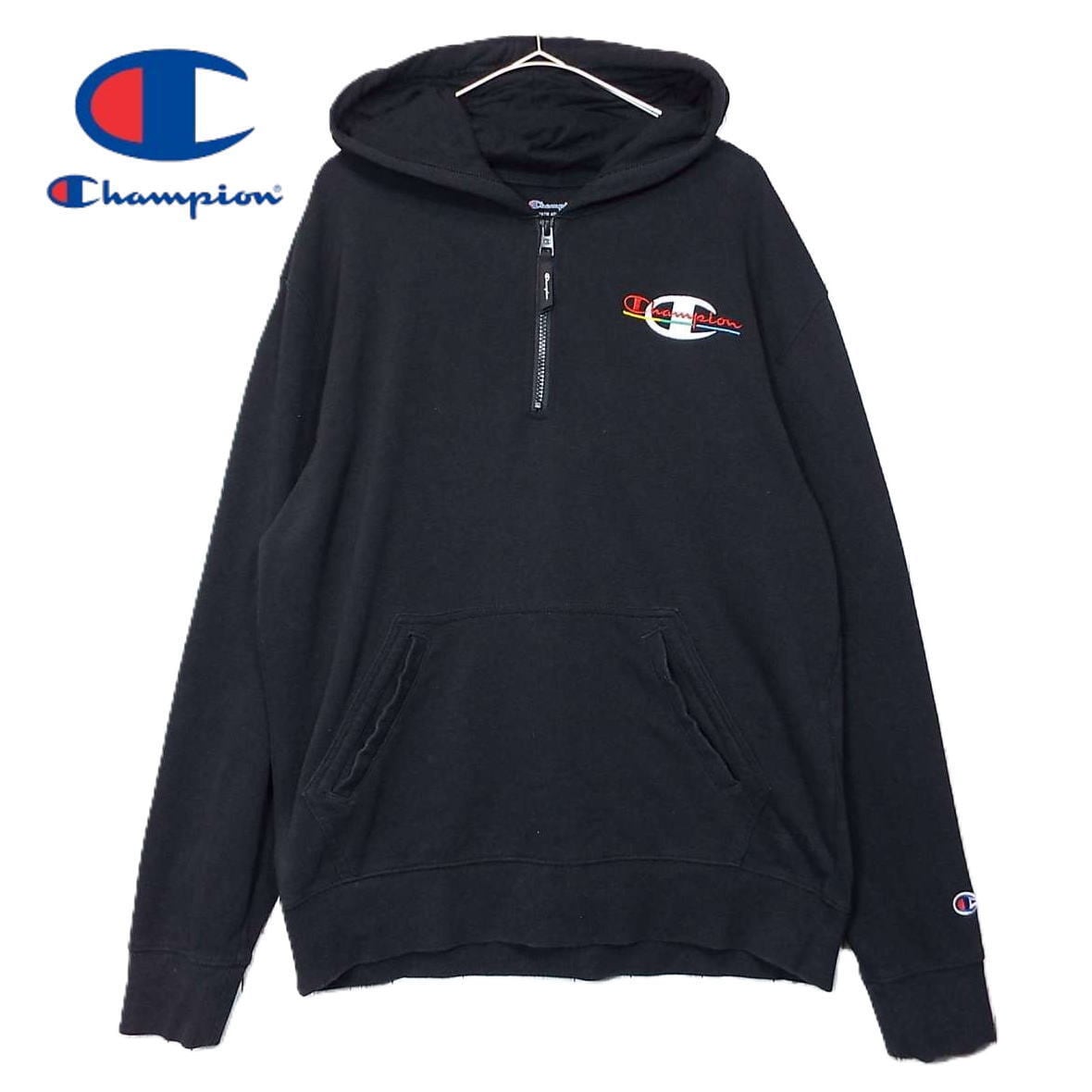championチャンピオン ハーフジップ パーカー ブラック カラフル刺繍＆ハーフジップ】Champion チャンピオン ZIP ブランドロゴ