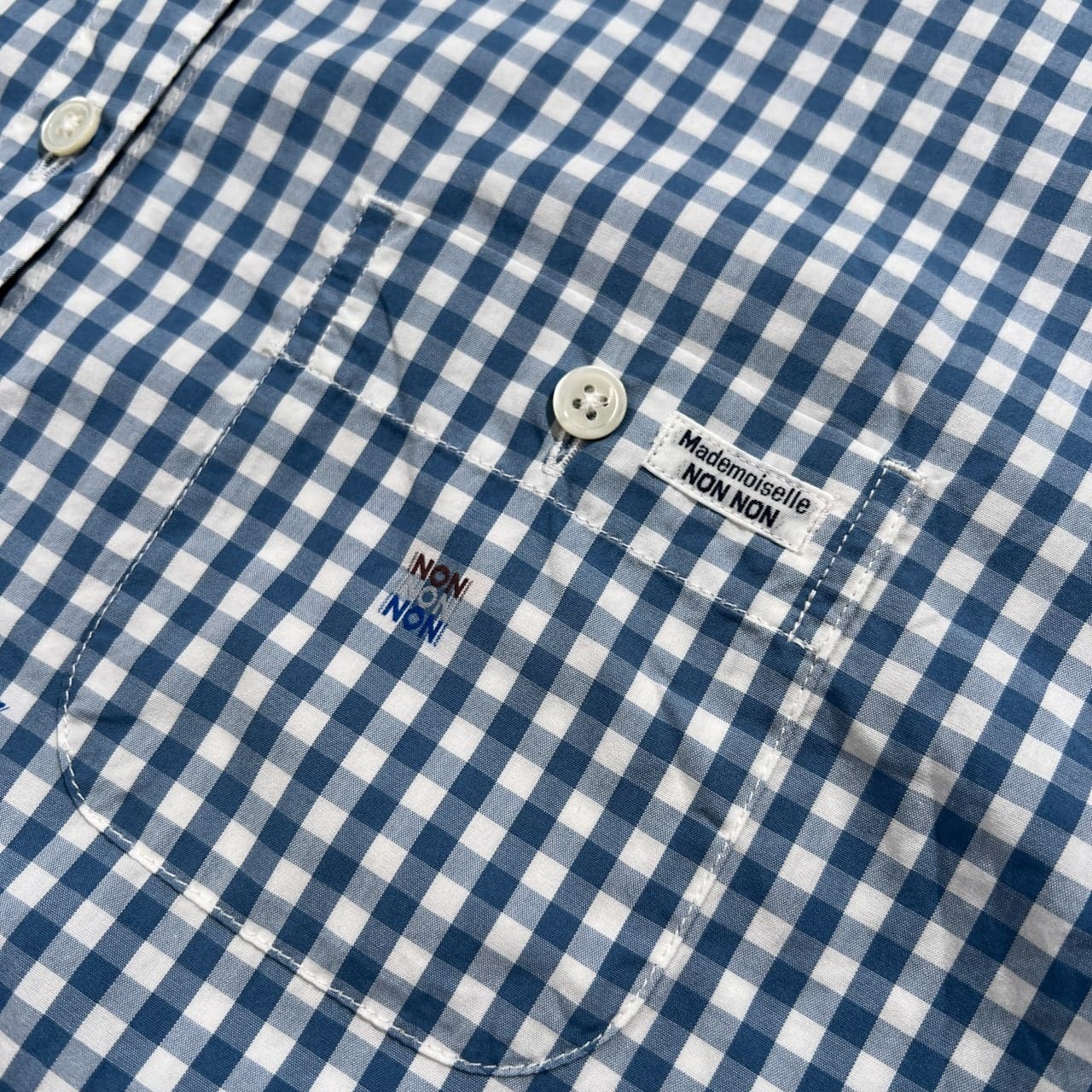 Mademoiselle NON NON マドモアゼルノンノン ギンガムチェック 両胸ポケット 長袖シャツ /ブルー/パパス/日本製