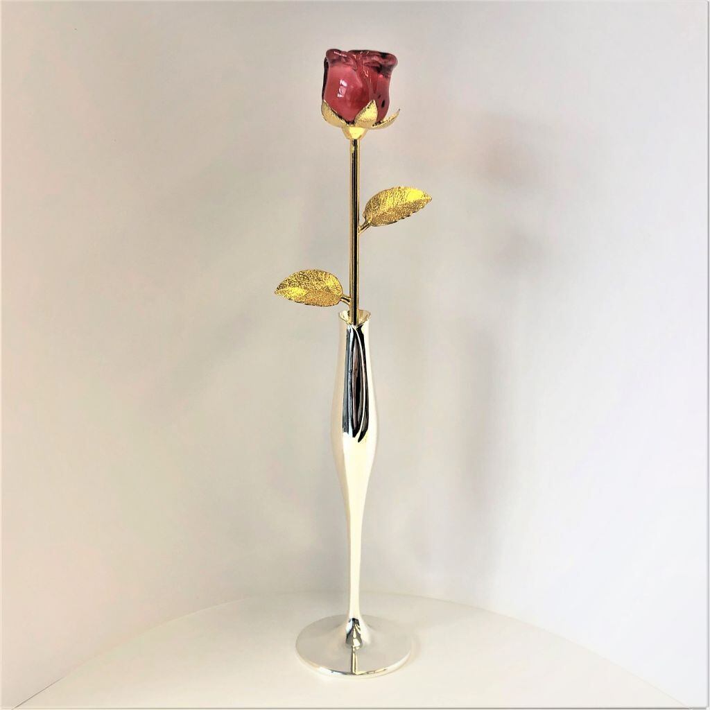 ガラスの薔薇 赤 とリーフ一輪挿し 353 グリーミングハウス