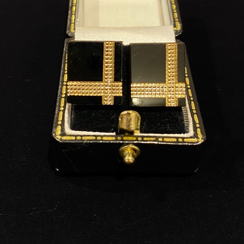 Gold lined black rectangle glass earrings