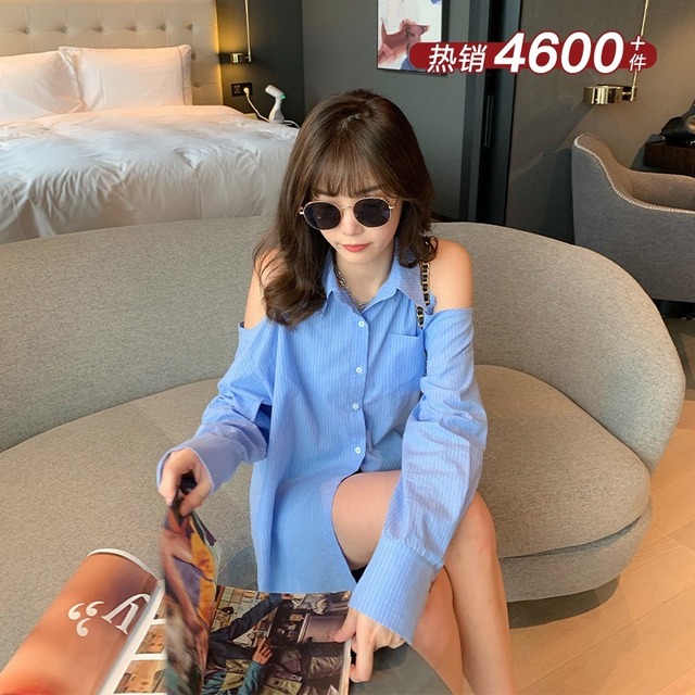 ブルースプリングストライプシャツ レディース ロング 春物 オフショルダー HUCHUJING33065386384