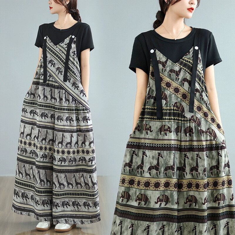 ETHNIC PRINT A-LINE WIDE LEG STRAP JUMPSUIT 2colors M-14194