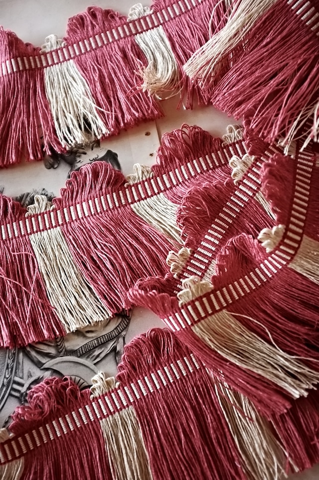 フランス 50x11c リネン 薄曇りの木苺とフリンジブレード ヴィンテージ