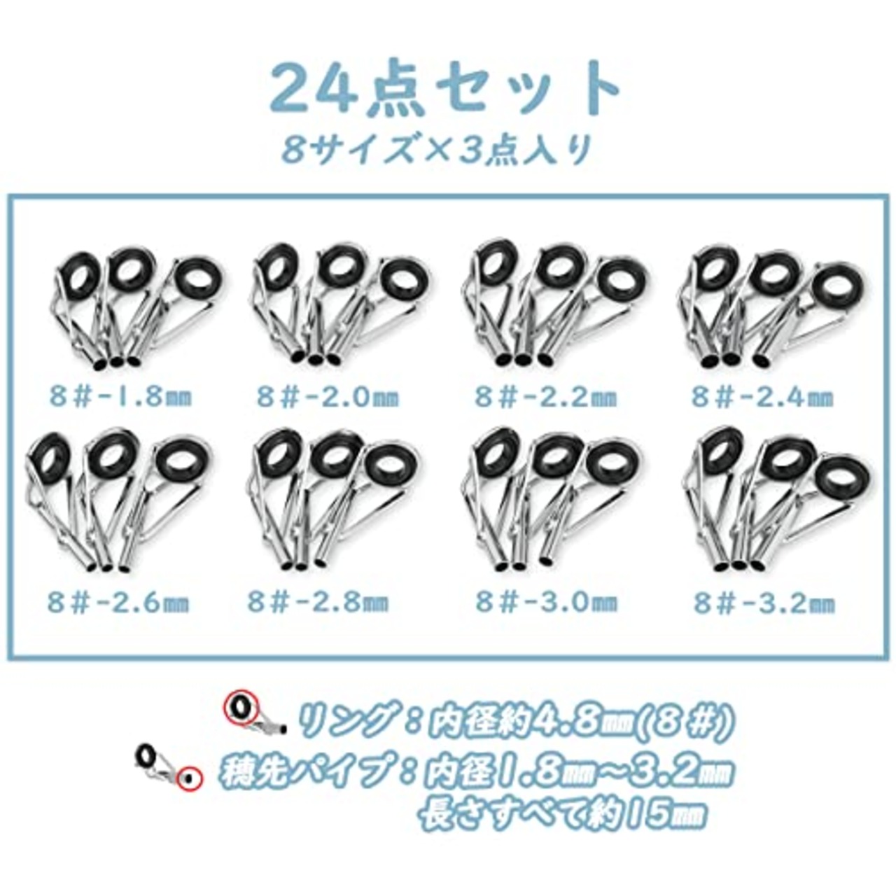 トップガイド ロッドガイド 8# 竿側 1.8~3.2mm ステンレス 釣り竿 穂先 8サイズ 24点セット
