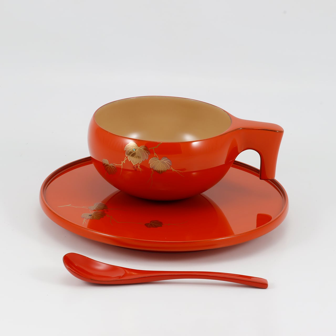 1105 輪島塗 ペア珈琲カップ／平形／蔦蒔絵／スプー付 | 輪島塗 加藤