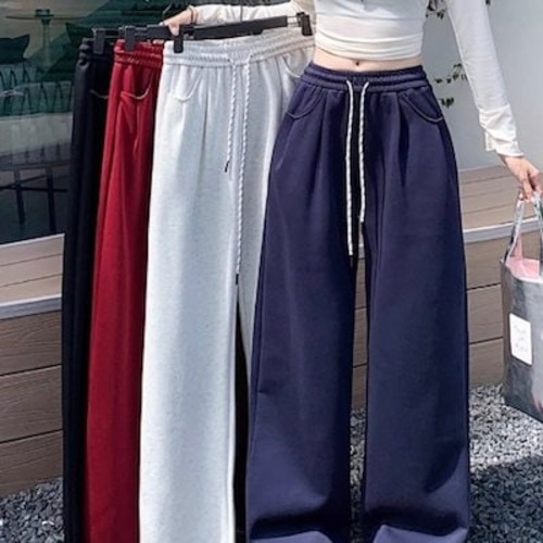 2024 春秋パンツ ロング丈 ワイド ストレート ウエストゴム ハイウエスト 美脚効果 脚長効果 細見え 秋 赤 白 黒 おしゃれ かわいい 韓国ファッション レディース お出かけ