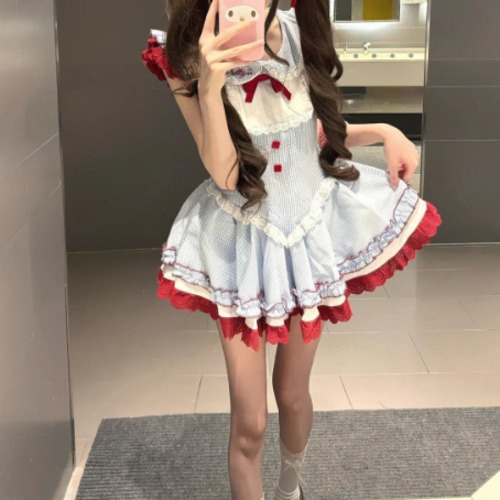 配色レースチェックフレアミニワンピ ・78241