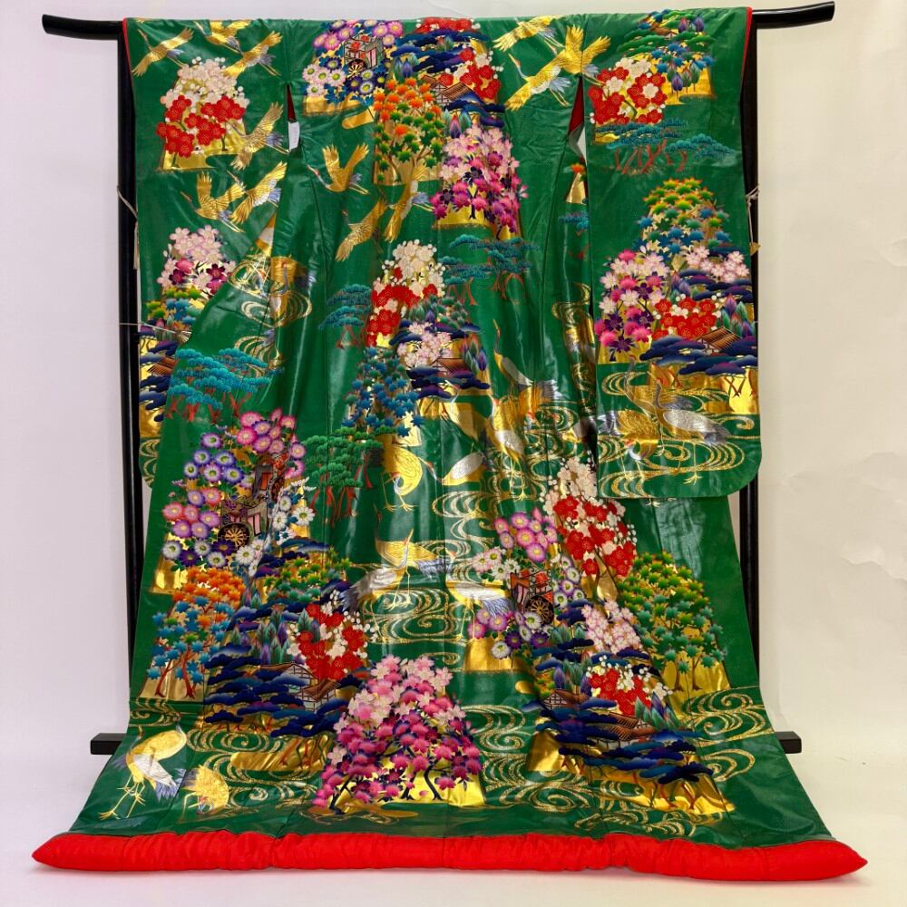 色打掛 正絹 刺繍 緑 秋山章 打掛 花嫁衣裳 ポリエステル リサイクル 中古 ブライダル ウエディング 6664