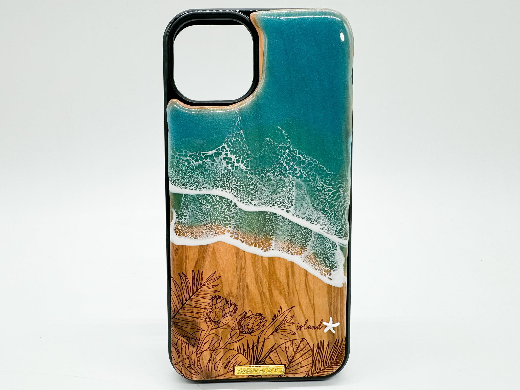 Ocean flower/wood×resin green wave case(olive wood) | ALOHA GLASS