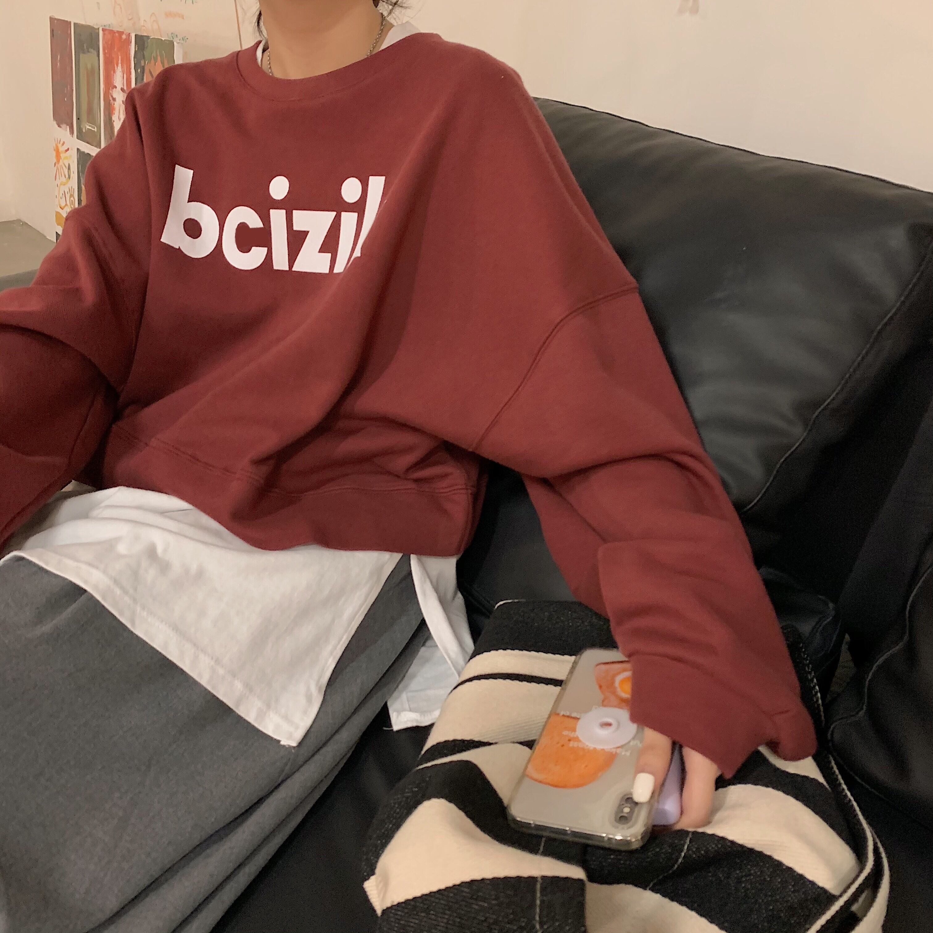 スタイルルーズセーター ジャケット オータムレッドプリントトップス ロング 秋物 モンロー90340658150