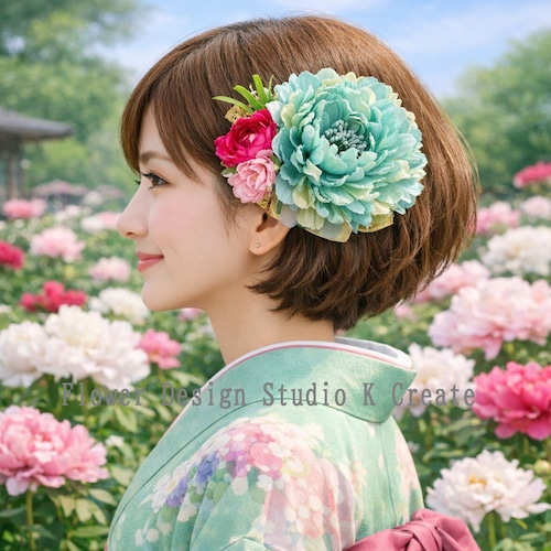 ピオニーのヘアクリップ　ゴールド　リボン　青緑　ピオニー　発表会　お花のヘアクリップ　浴衣　卒業式　ヘアクリップ　ミント