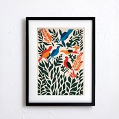 Oasis｜鳥とボタニカルを切り絵風に描く癒しのアートポスター｜北欧・ナチュラル空間に合う爽やかなインテリア額縁付きA4ポスター