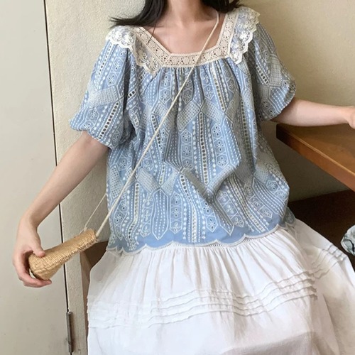 レース切り替え刺繍スカラップブラウス ・12020