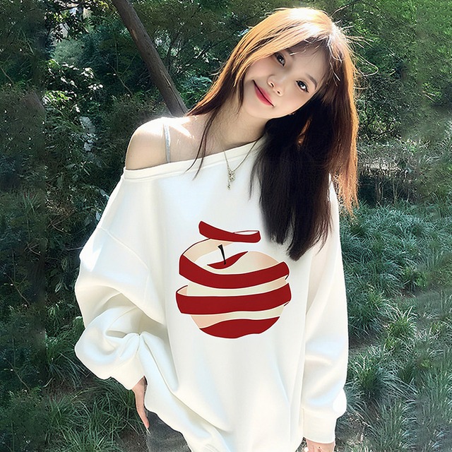 ♥オフショルトップス!【YZRFシリーズ】★トップス★ 6タイプ選択可能 Tシャツ 肩出し プリント りんご 犬 猫 猫柄