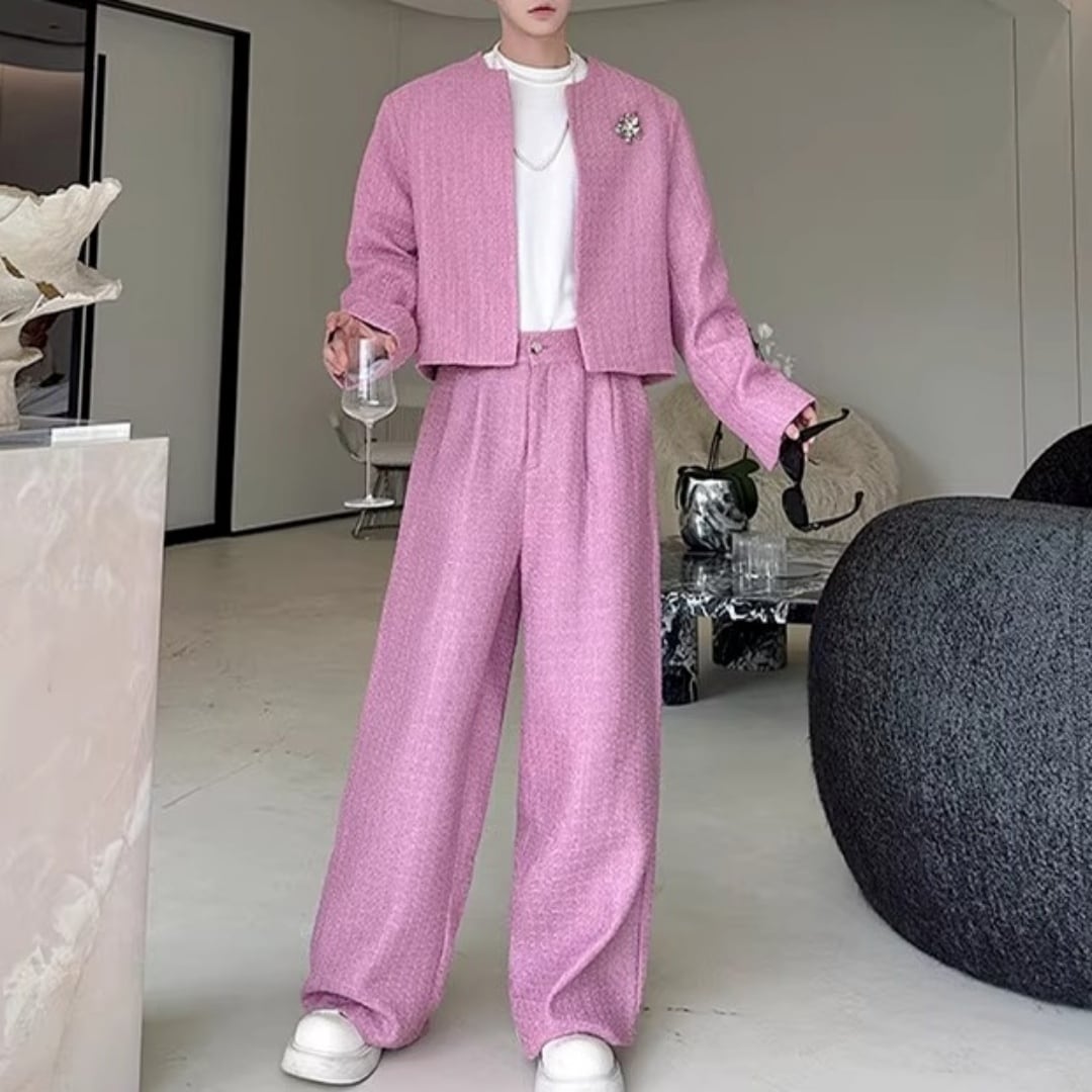 ノーカラーショートジャケット&ハイウエストワイドパンツ セットアップ