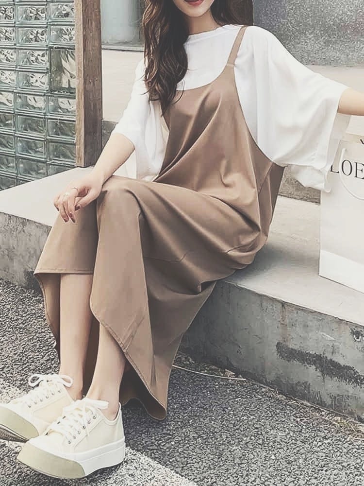 リラックスジャンパースカート ビッグシルエットｔシャツセットアップ 2点セット 休日コーデ ゆったり 大きいサイズ 韓国 Ch5224 Chulachula チュラチュラ 可愛い大きいサイズ韓国レディースファッション通販