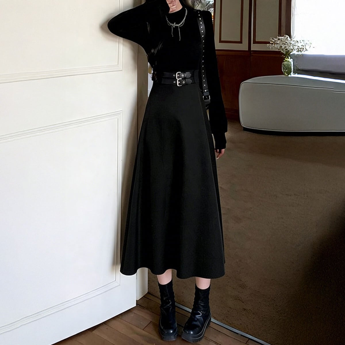 ロングワンピース ベルト飾り 長袖 レディース 春秋 韓国 ワンピース おしゃれ きれいめ 大人 カジュアル フレア ハイウエスト ウエストマーク 上品 体型カバー Aライン 大人可愛い 大人女子