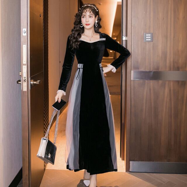 お呼ばれワンピース ドレス ロング 異素材ミックス リボン フリル シアー バイカラー 無地 シースルー ロング 長袖:Aライン フレア マキシ ブラック S/M/L/XL