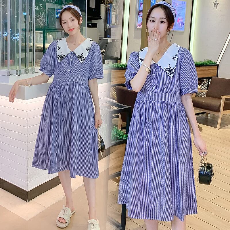 【新作】【送料無料】 マタニティウェア2020夏の新しいストライプ刺繍ラペルルーズドレス、トレンディなマザーミドル丈マタニティドレス-アリババ レッド サマー 夏物 expec241355582546