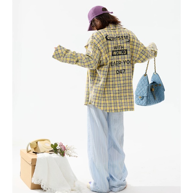 yellow checked lettering shirt　イエローチェック柄レタリングシャツ　J2110