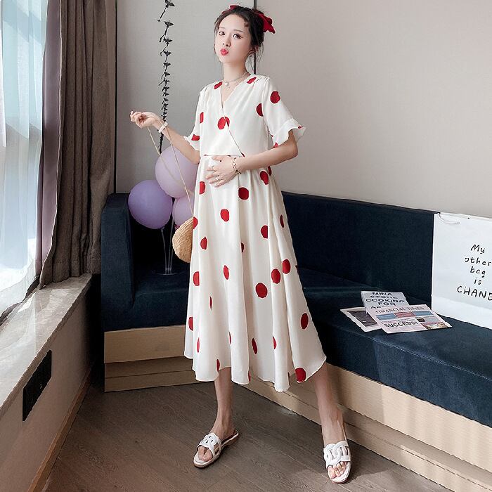 【新作】【送料無料】 マタニティウェア2020夏の新しいファッションVネック水玉シフォンドレス、トレンディなマザーミドル丈、年齢を減らすマタニティドレス-アリババ サマー 夏物 expec210133962979