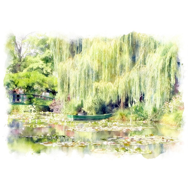 絵画(風景画) フランス ジヴェルニー モネの庭園 インテリアアート額付き 水彩画・油絵風 WAT0797