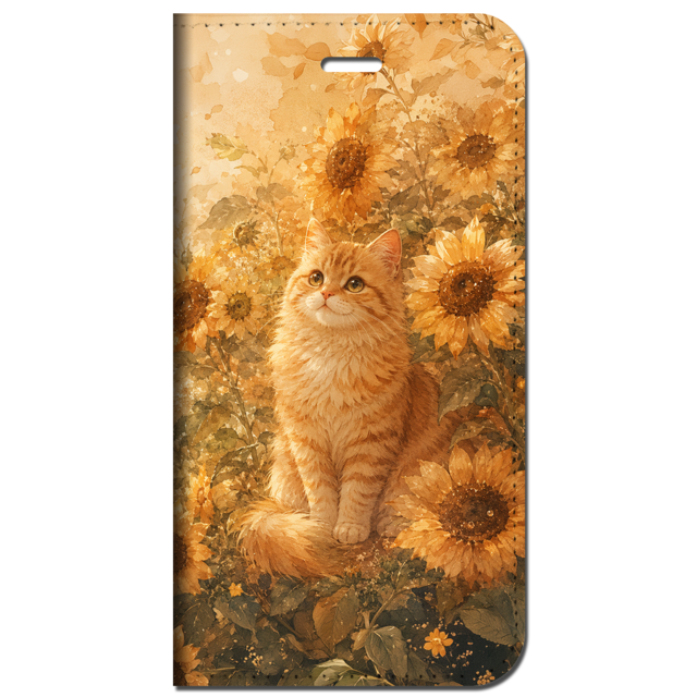 iPhone対応 スマホ 手帳型ケース 夏 向日葵 ひまわり 茶トラ猫 猫 シアー サンフラワー フルブルーム くすみカラー 水彩 華やか 癒やし ボタニカル ダスティイエロー スプラッシュ 大人可愛い スマホケース スタンド 【iPhone17 / iPhone16e / iPhone16 他 iPhone各機種対応】 |ianusl11