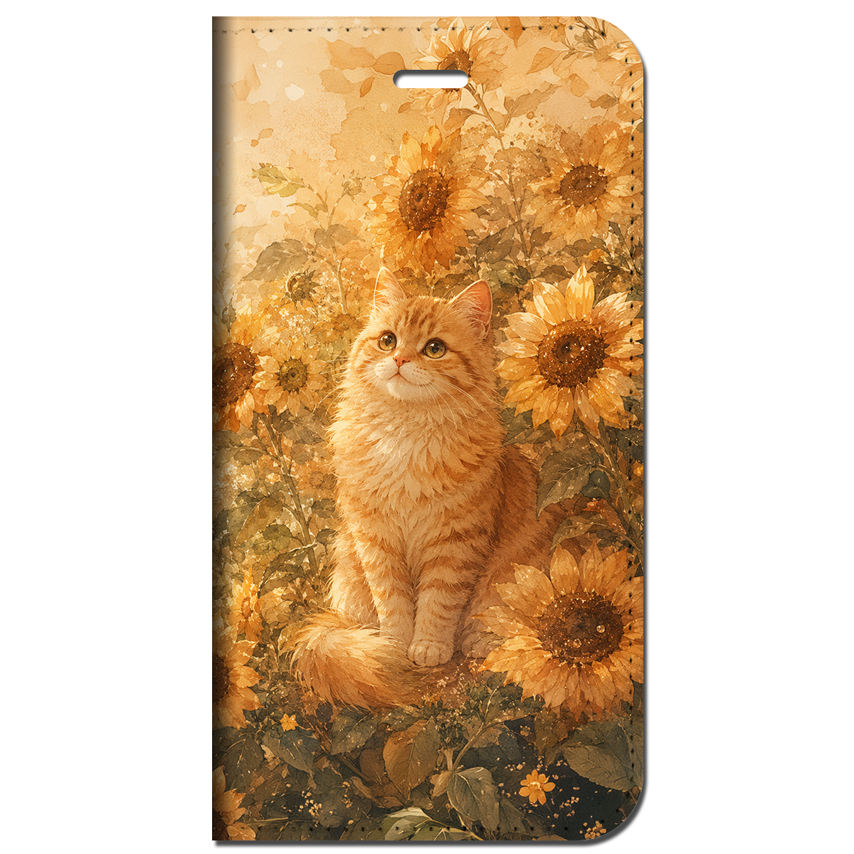 iPhone対応 スマホ 手帳型ケース 夏 向日葵 ひまわり 茶トラ猫 猫 シアー サンフラワー フルブルーム くすみカラー 水彩 華やか 癒やし ボタニカル ダスティイエロー スプラッシュ 大人可愛い スマホケース スタンド 【iPhone17 / iPhone16e / iPhone16 他 iPhone各機種対応】 |ianusl11