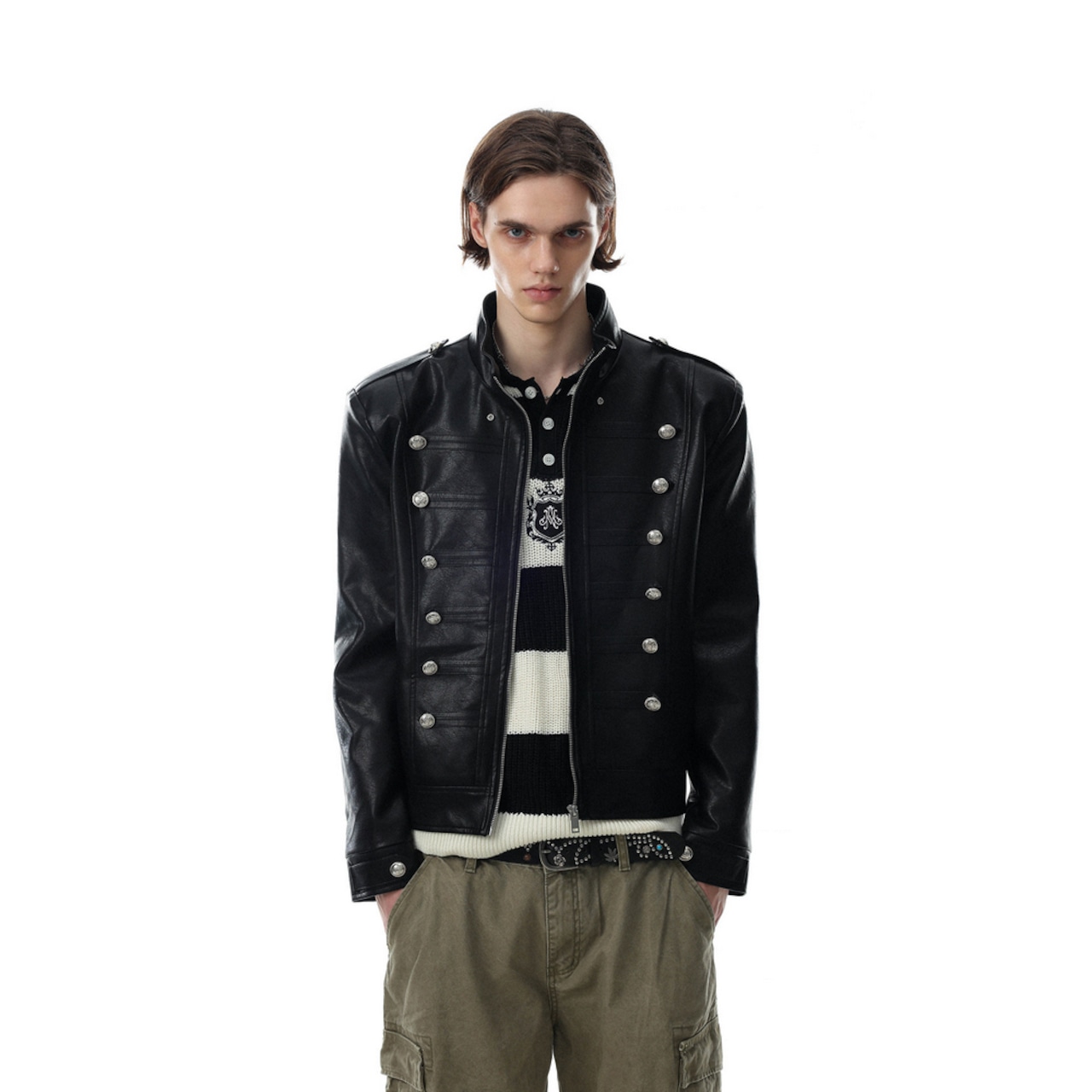 VINTAGE ストリート ボタン スタンドカラーPUレザージャケット T2374