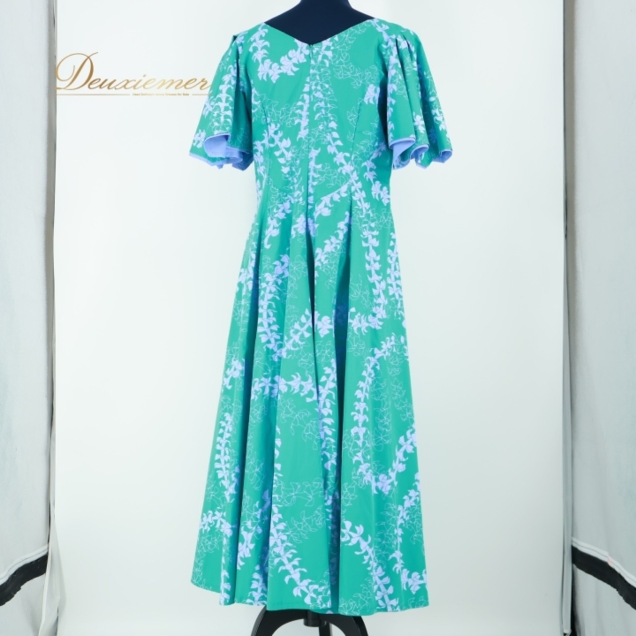 フラダンス 衣装 ワンピース ドレス グリーン系 フラ ダンス レイ柄 緑 紫 淡い かわいい ハワイアン アロハ 華やか ハワイアンプリント パープル系