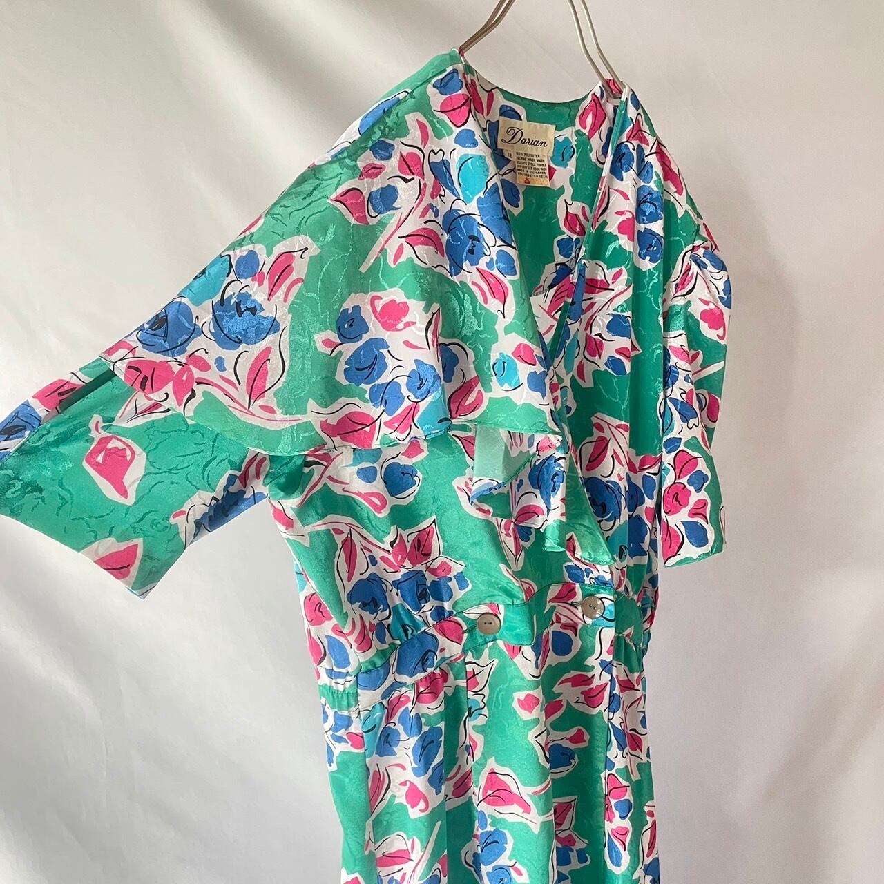 80s vintage 100% polyester green floral onepiece 80年代 グリーン