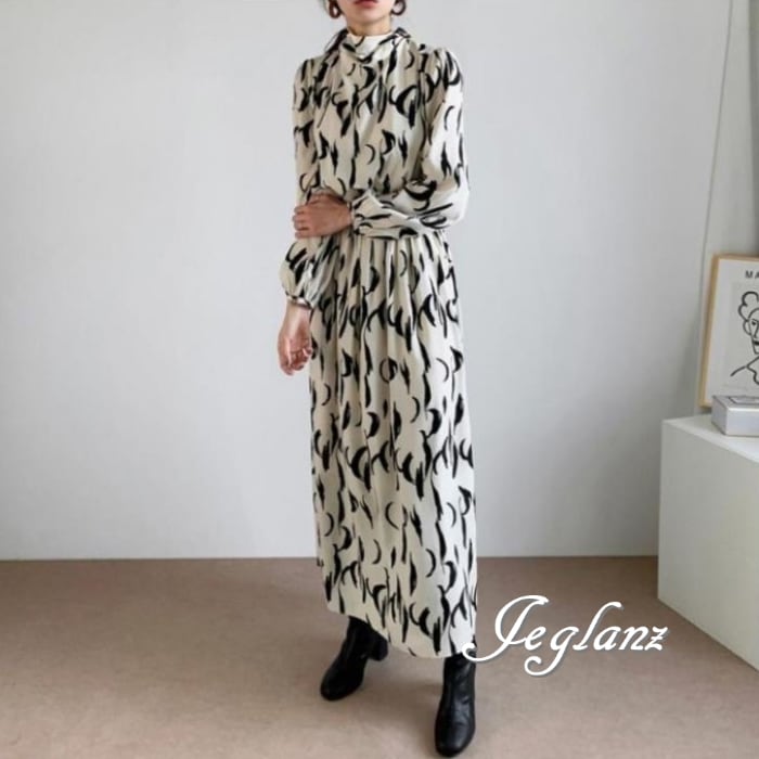 2色 マキシ ワンピース ドレス モックネック 背中リボン モノトーン(M5742)γα