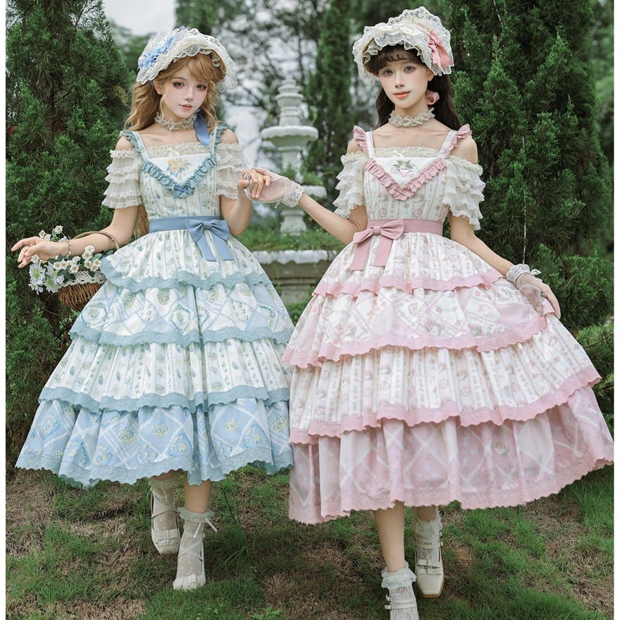 ガーリー系 クラシカルロリータ 花柄ティアードJSKワンピース 5カラー