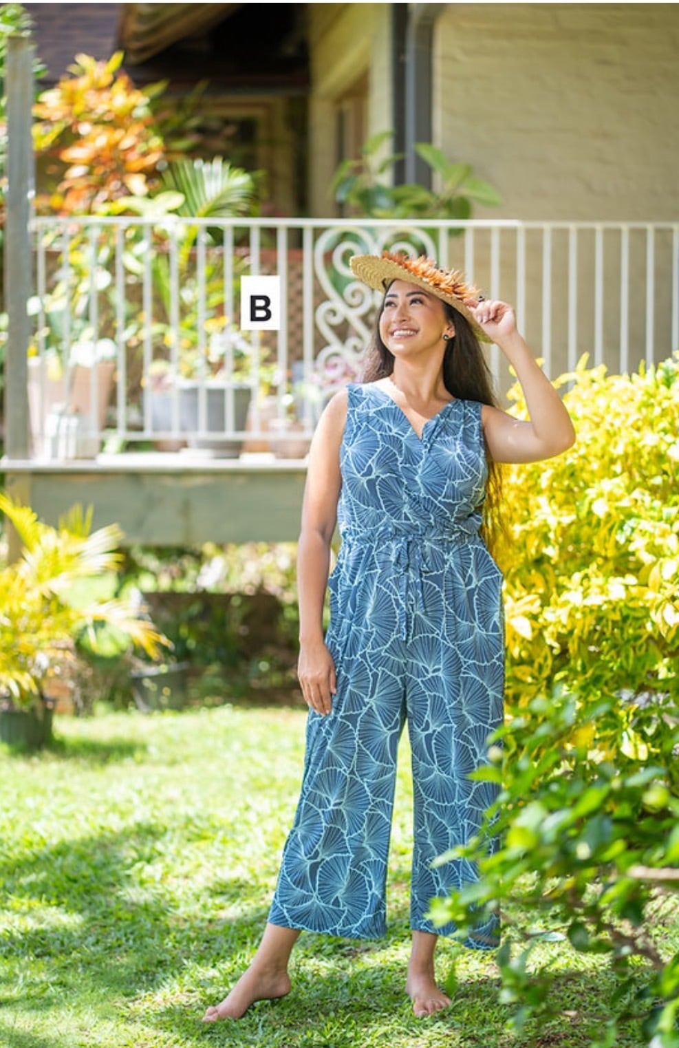 New カシュクールパンツ トリプルリーフ柄 カリブブルー×アクアブルー