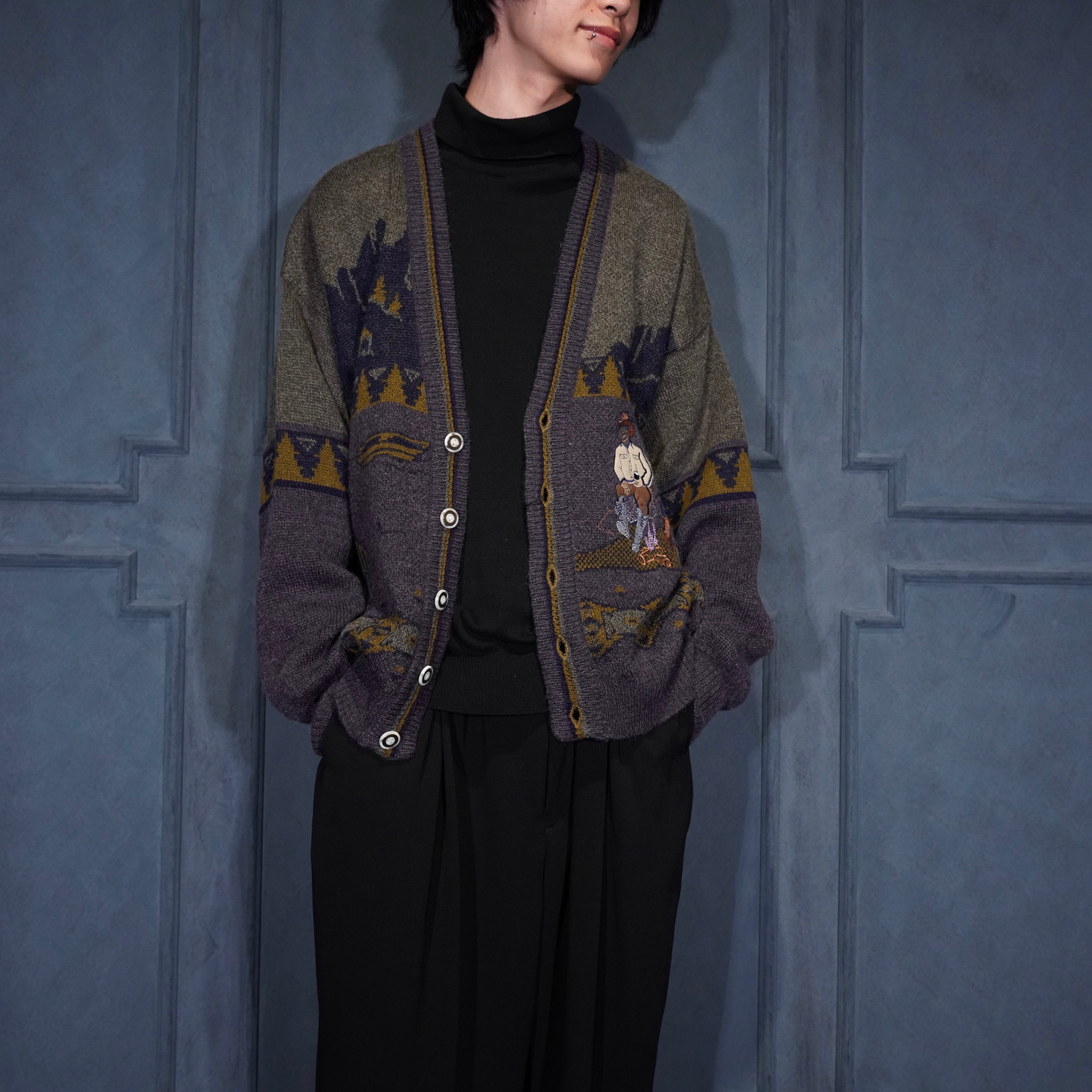 ヴィンテージ ニットカーディガン ダブル 木ボタン スコットランドウール 紺 赤