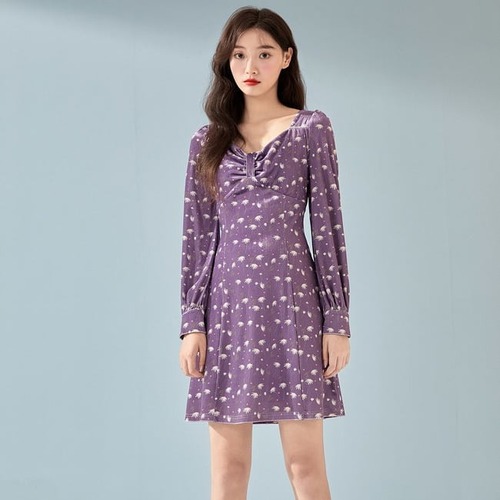 ワンピース ミニ丈 パープル レディース パープル リボン ミニスカート 長袖 カジュアル フェミニン 可愛い 秋 冬 セクシー 韓国風　オルちゃん 10代 20代 デート 男子ウケ 人気 トレンド