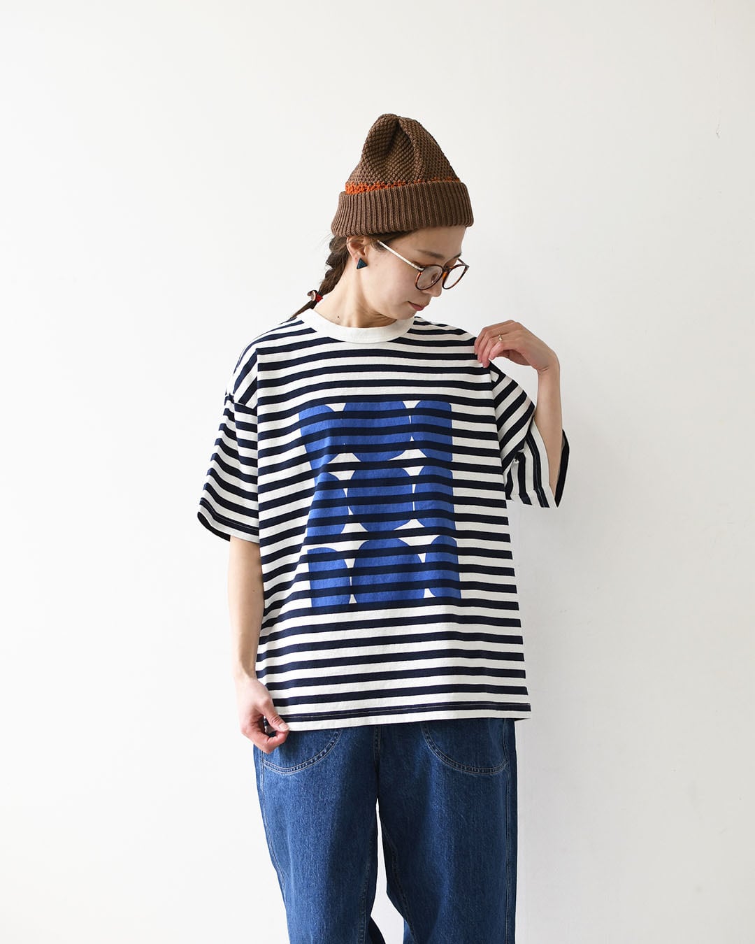 ★タグ付き★ボーダー天竺プリントの四角 Tシャツ prit [プリット] 18/1空紡度詰天竺ボーダーフレームドットプリントT