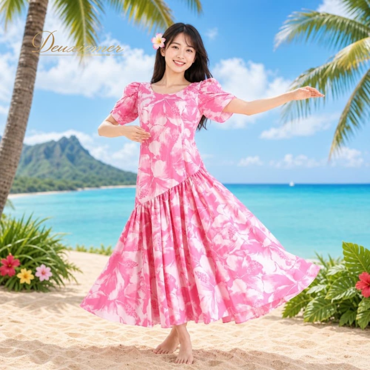 フラダンス 衣装 MENEHUNE PLANTETION メネフネプランテーション ワンピース ドレス ピンク系 日本製 アシンメトリー ハイビスカス柄 かわいい 華やか 鮮やか 明るい ハワイアン アロハ ハワイアンプリント フラ ダンス レッスン 練習