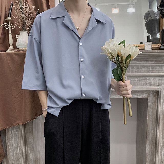 【予約販売】シャツ メンズ 半袖 無地 オーバーサイズ くすみカラー ホワイト ブラック グリーン ブルー カジュアル シンプル こなれ感 お洒落 韓国 トレンド 春 夏 秋 M/L/XL/2XL
