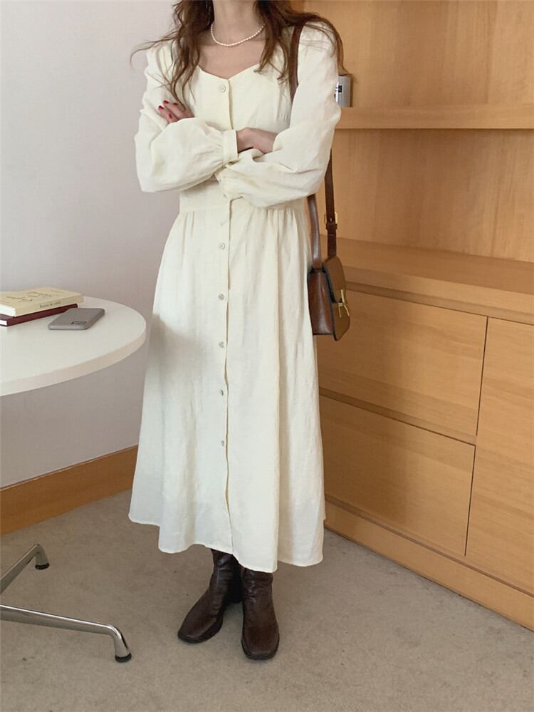 秋冬の服にちょうど良い スクエアネック レトロ 単体ボタン ワンピース ジェントルスタイル スリム